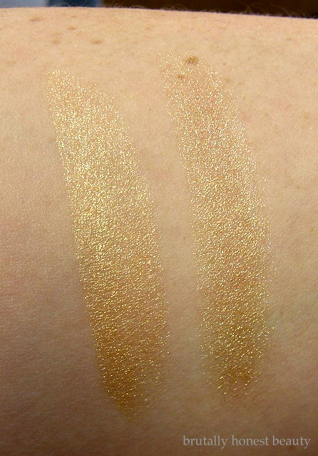 Swatches of L'Oréal Colour Riche Lipstick in Gold Addiction and Bite Beauty Gold