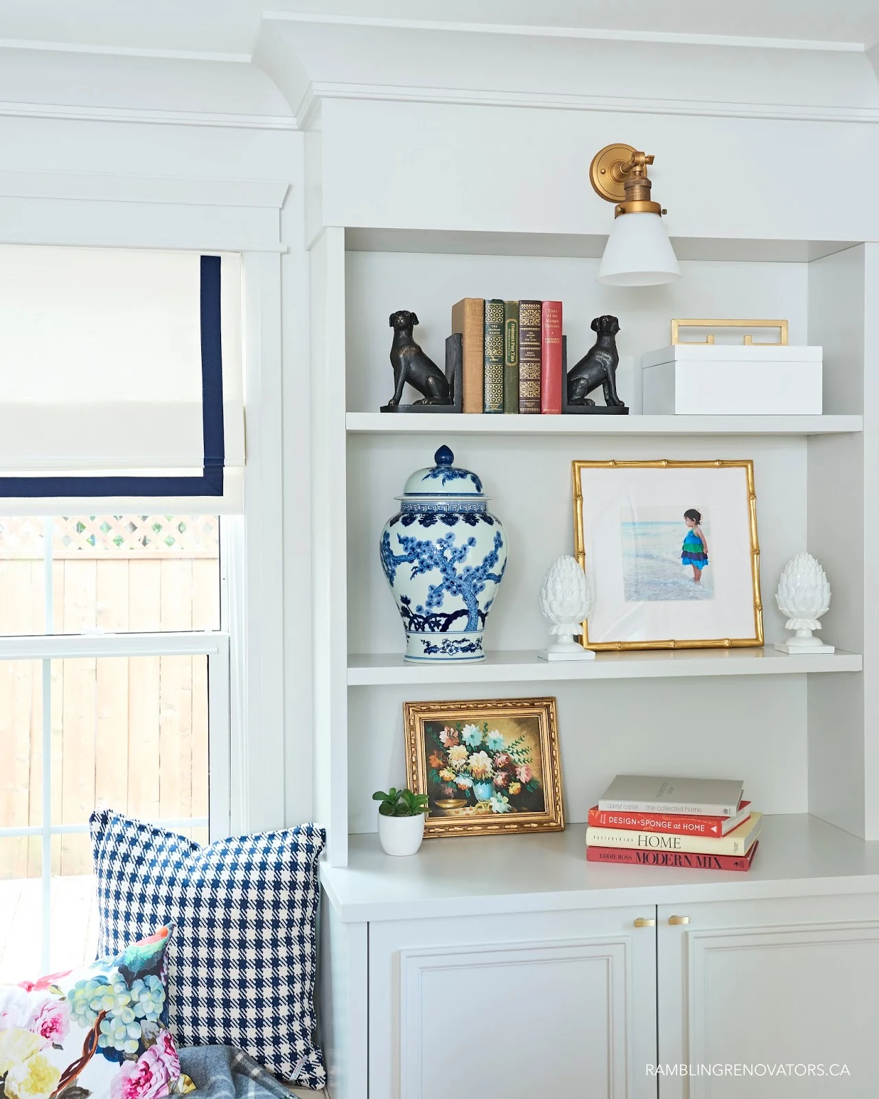 modern traditional colonial living room, built in window seat and bookcase