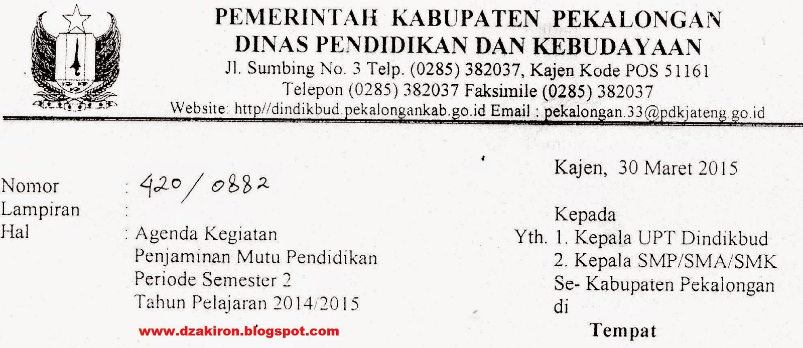 SURAT DINDIKBUD KAB. PEKALONGAN NOMOR 420/0882 TANGGAL 30