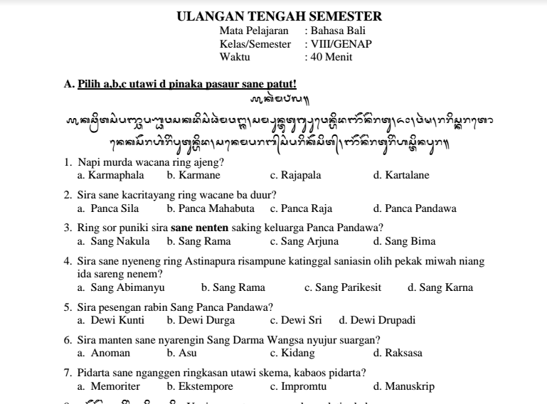 Contoh Soal Aksara Bali Dan Jawabannya Of Soal Ulangan Bahasa Bali Kelas 3 Semester 1
