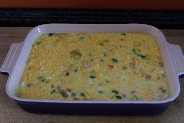 The Denver omelet casserole ready ready to go in the oven.  