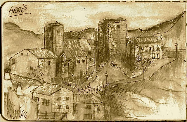 Dibujo de la aldea de Arrés en el Camino Aragonés