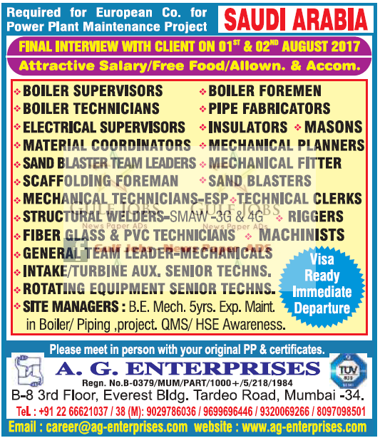 Power Plant Maintenance Project JObs for Saudi Arabia free food