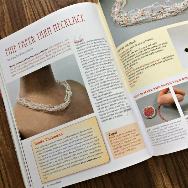 Two pages of the Fine Paper Yarn Necklace tutorial in the All Things Paper book