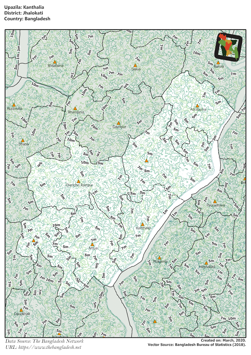 Kanthalia Upazila Elevation Map Jhalokati District Bangladesh