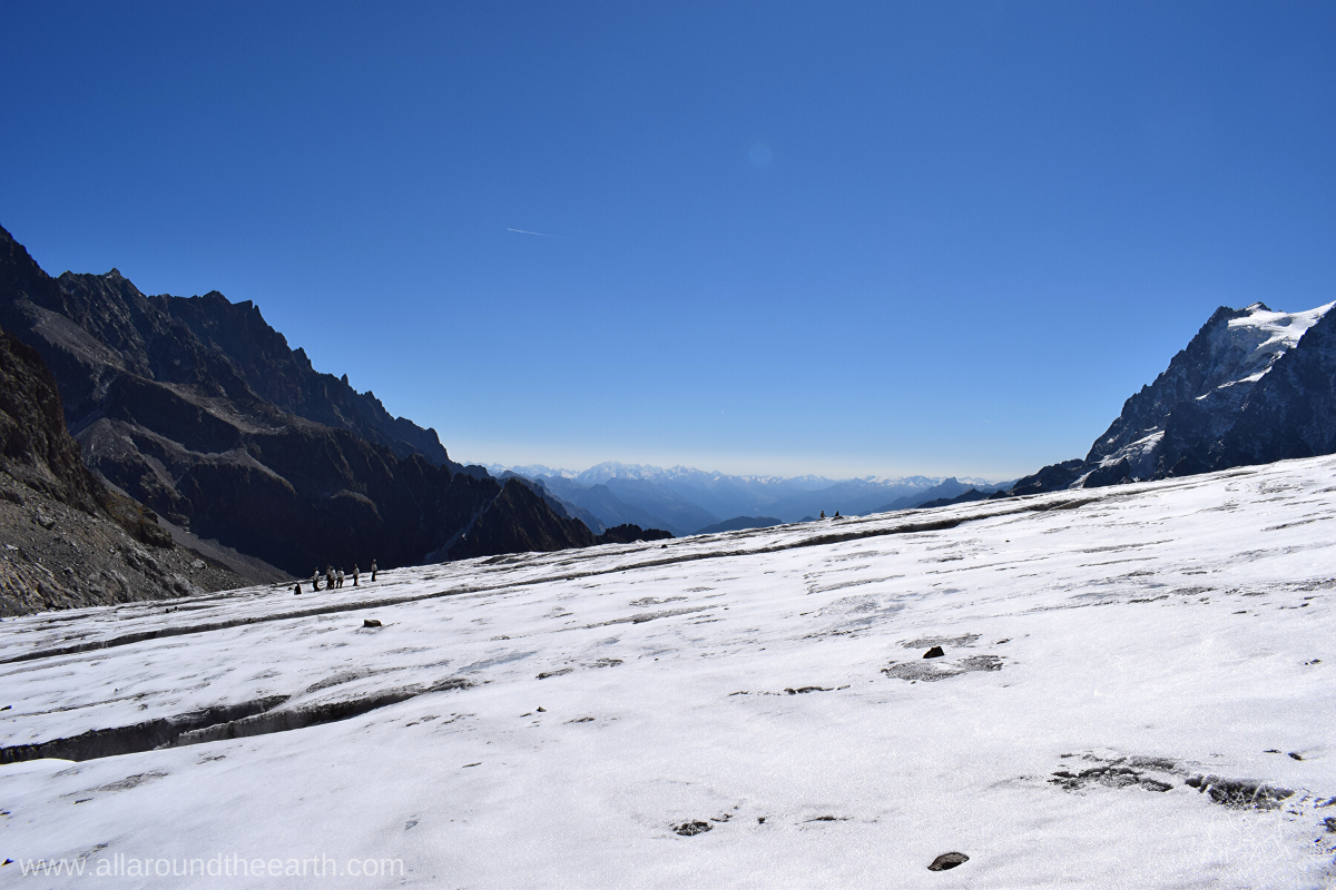 View from Glacier Blanc, Vallouise Valley, Pelvoux, Écrins National Park, Alps mountains, France Your view after climbing to Glacier Blanc above the Vallouise Valley in the Écrins National Park in the French Alps.