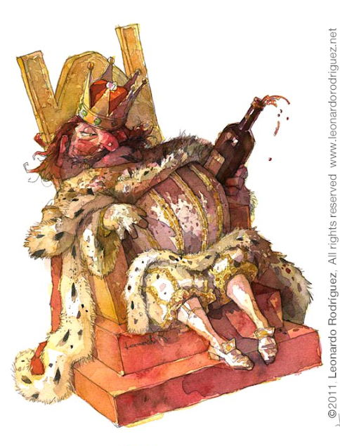 Watercolor caricature of a funny drunken king sittin in his thronepublished by Mad-Magazine