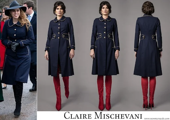 Princess Beatrice wore Claire Mischevani Navy Gold Coat Dress