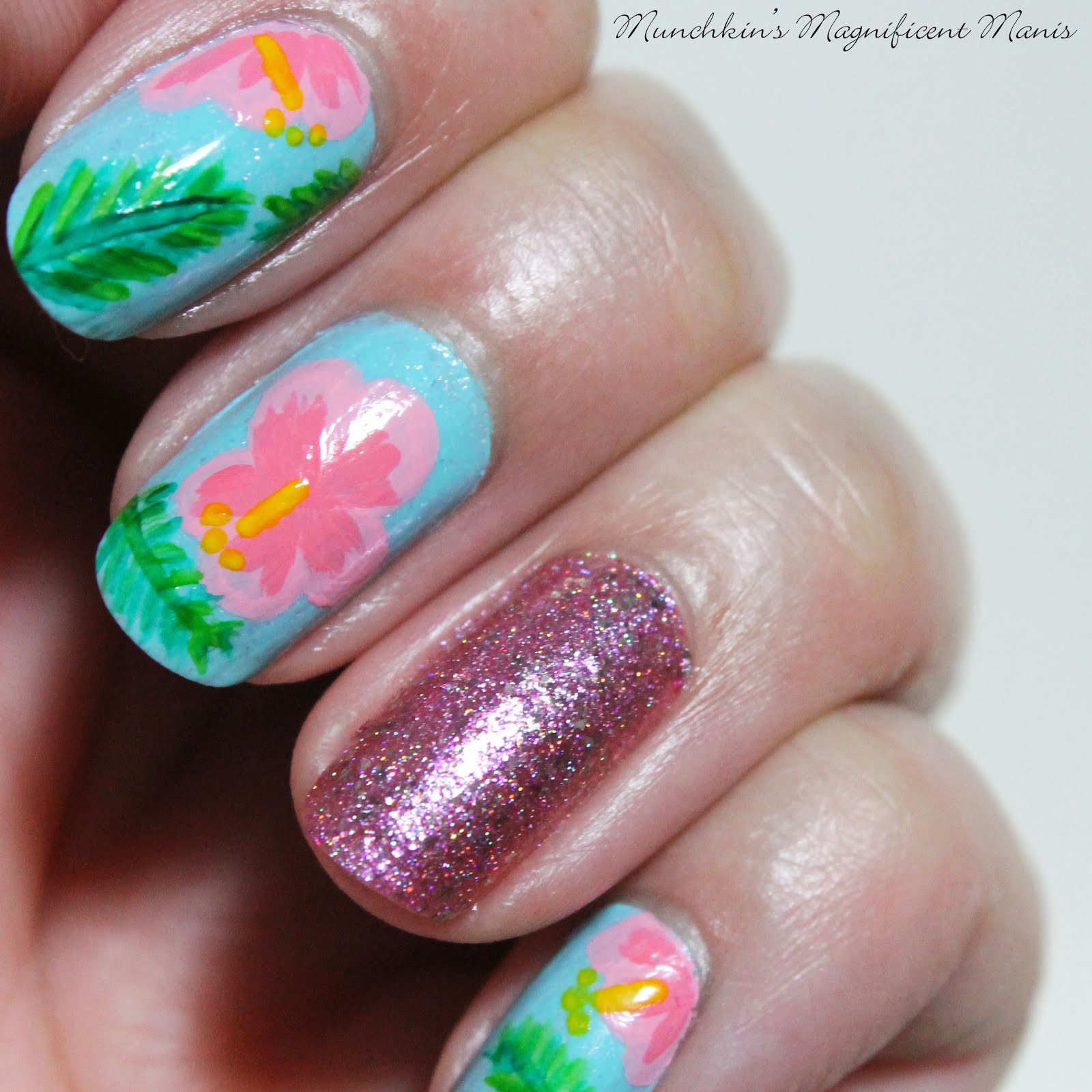 Munchkin’s Magnificent Manis: Aloha Flowers- Hibiscus flower Nail Design
