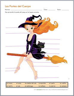 Adorable Halloween witch to label with body parts in Spanish - Free activity from AnneK at Confesiones y Realidades Blog 