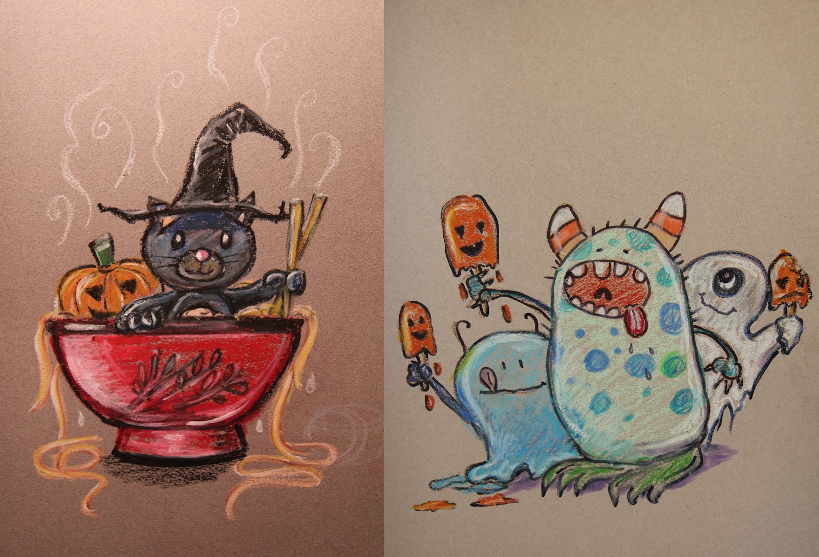 Pastels, A New Personal Journey Halloween characters in Oil pastels
