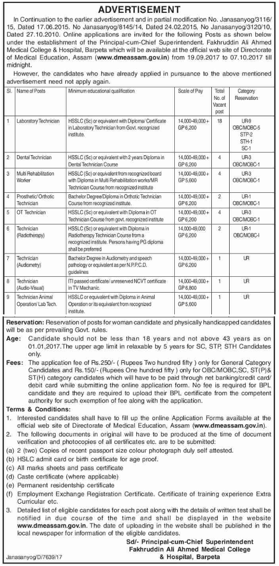 DME Assam Laboratory Technician, Dental Technician 37 Govt Jobs