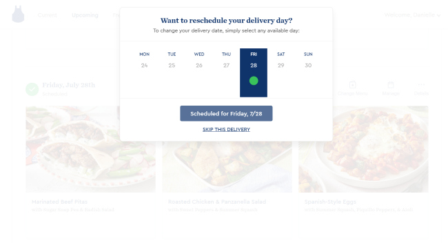 Blue Apron allows you to skip deliveries each week or change the day of delivery. Blue Apron allows you to skip deliveries each week or change the day of delivery.