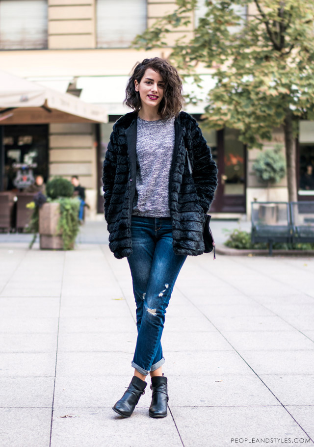 casual daily style black faux fur jacket and boyfriend jeans, Karla Torbarina, street style Zagreb Croatia