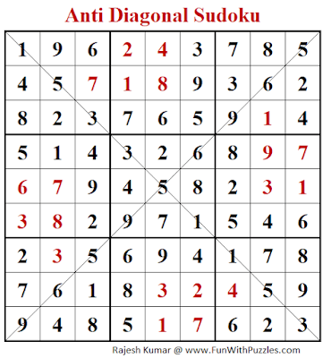 Answer of Anti Diagonal Sudoku Puzzle (Fun With Sudoku #345)