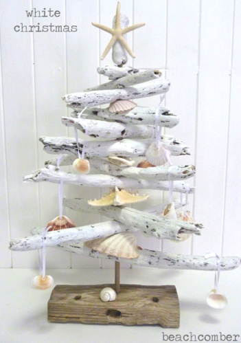 white painted driftwood Christmas tree