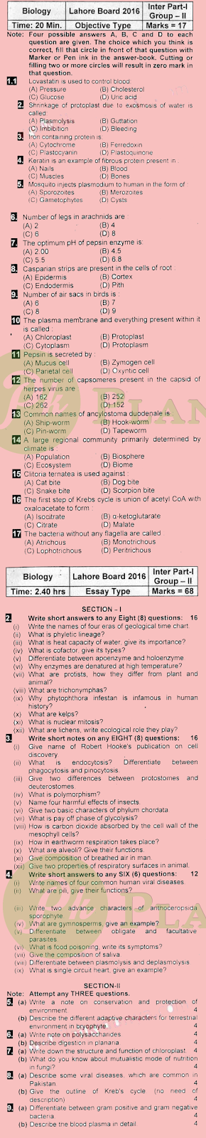 Intermediate Part 1 Past Papers Lahore Board 2016 Biology