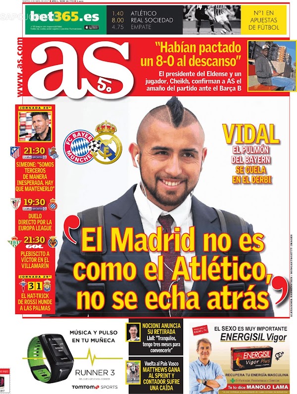 Vidal, AS: "El Madrid no es como el Atlético, no se echa atrás"