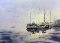 watercolor painting mist cartwright joe boats boat harbor rising water paint reflections paper paintings watercolour misty san sea scene diego