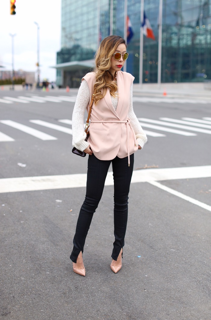 Vince camuto belted vest, pink vest, belted vest, Louis Vuitton bag, rayban sunglasses, baublebar arderson necklace, j brand jeans, christian louboutin so kate pumps, spring outfit, spring fashion, work attire