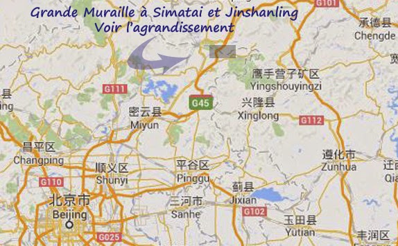 Plan situant la Grande Muraille de Simatai et de Jinshanling par rapport à Pékin