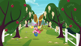Pinkie bouncing on her yovidaphone at speed through the Apple family orchard, whose sounds are causing apples to explode
