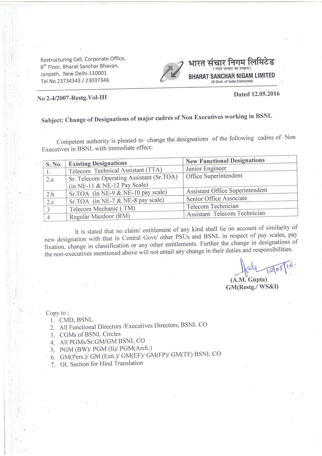 BSNL OFFICERS ASSOCIATION (BSNL OA) Corporate Office letter on Change