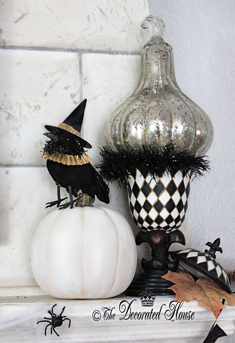 Elegant Halloween Decor Black and White :: The Decorated House : Mercury Glass Pumpkin Annie Sloan Chalk Paint Pumpkins : Crow with Hat