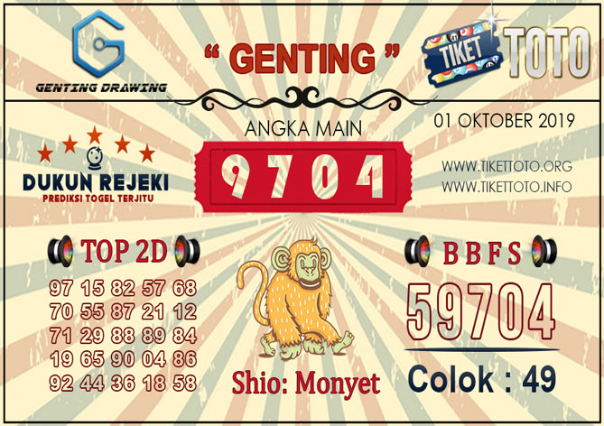 Prediksi Togel GENTING DRAWING TIKETTOTO 01 OKTOBER 2019
