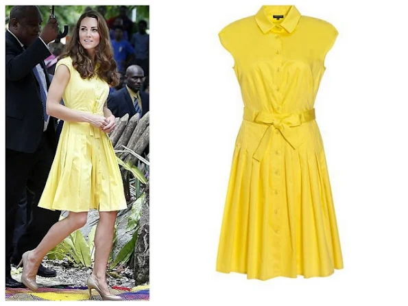 Catherine, Duchess of Cambridge wore yellow Jaeger shirtdress, L.K. Bennett pumps, Kiki McDonough drop earrings