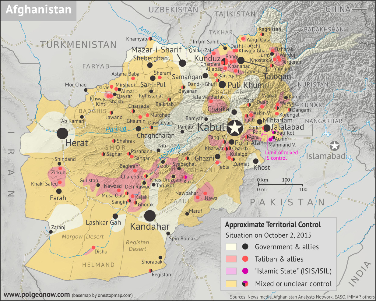 Where in Afghanistan is the war? Map of Taliban control in Afghanistan in October 2015, during the Taliban's takeover of Kunduz city and at the height of so-called Islamic State (ISIS/ISIL) control in Nangharhar province. Also marks areas of government control and unclear or mixed control. Includes all of Afghanistan's major cities, plus selected towns, including many sites of Taliban control. Colorblind accessible.