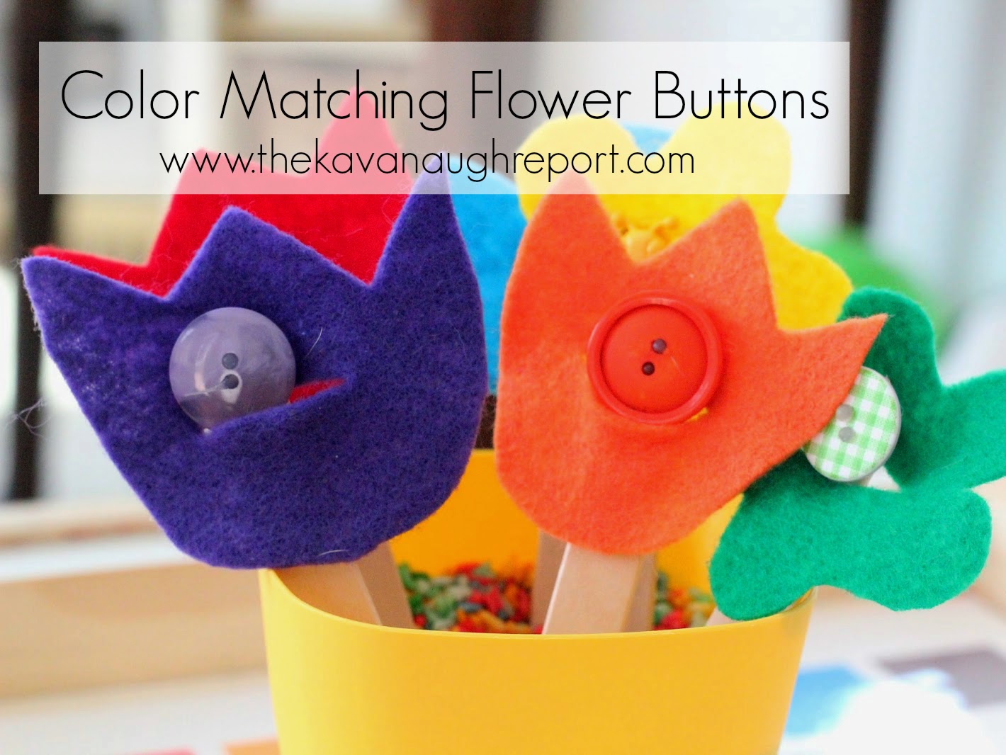 These color matching button flowers are an easy DIY for toddlers. The bright colored flowers are engaging and work on important fine motor skills. 