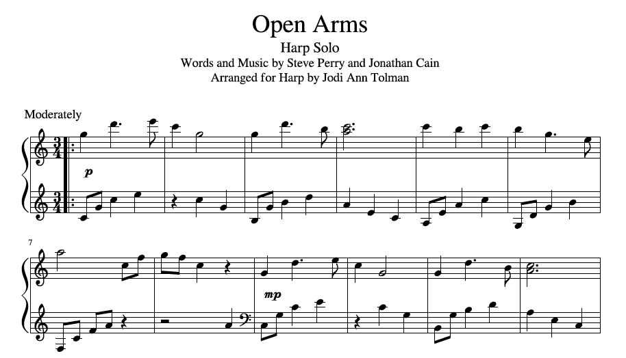 open arms by journey harp solo music by jodi ann journey open arms sheet music