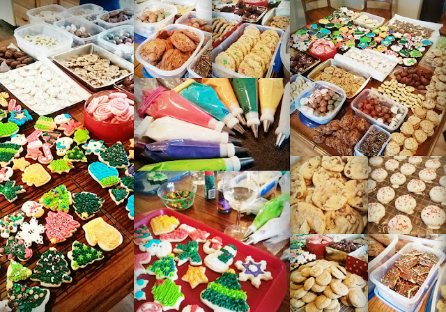 Easy Flower Cookies and an OXO Baker's Dozen Giveaway inkatrinaskitchen.com #BringtheCOOKIES collage image of dozens of holiday cookies being displayed at a cookie exchange party