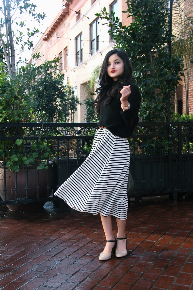 Little Miss Haute Couture: Parisienne // Striped Midi Skirt + Sweater