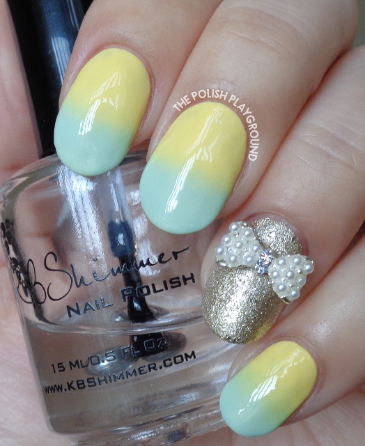 Pastel Yellow and Mint Green Gradient with Bow Stud Nail Art