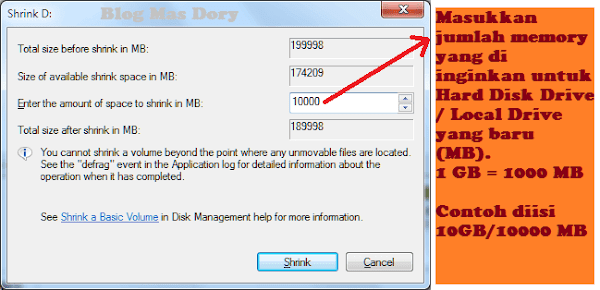 Masukkan jumlah memory yang diinginkan dalam MB, kemudian klik Shrink Shrink Hard Disk Drive Masukkan Jumlah Ruang untuk Local Disk Baru Blog Mas Dory