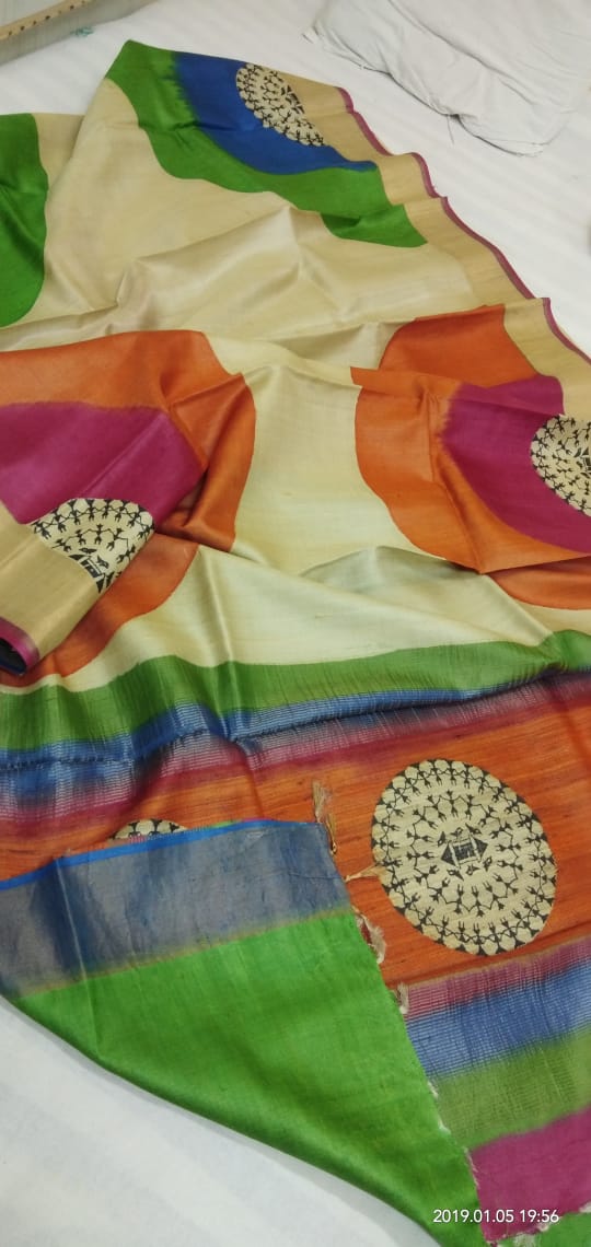 Tussar silk block printed saree
