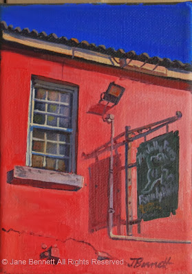 plein air oil painting of the "Jolly Frog" pub in Windsor by artist Jane Bennett