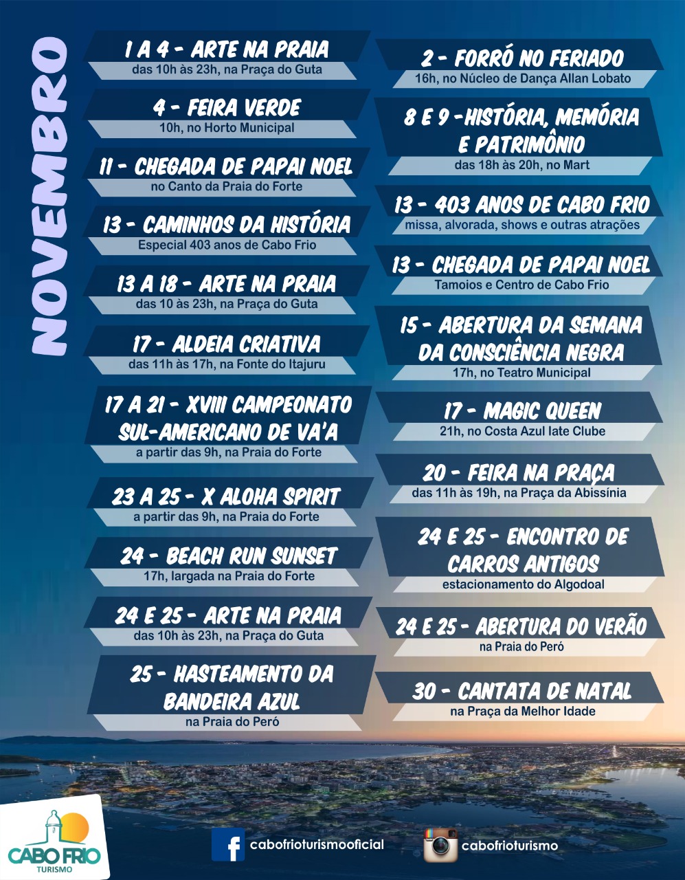 Mês de Novembro será com shows e eventos quase todos os dias em Cabo