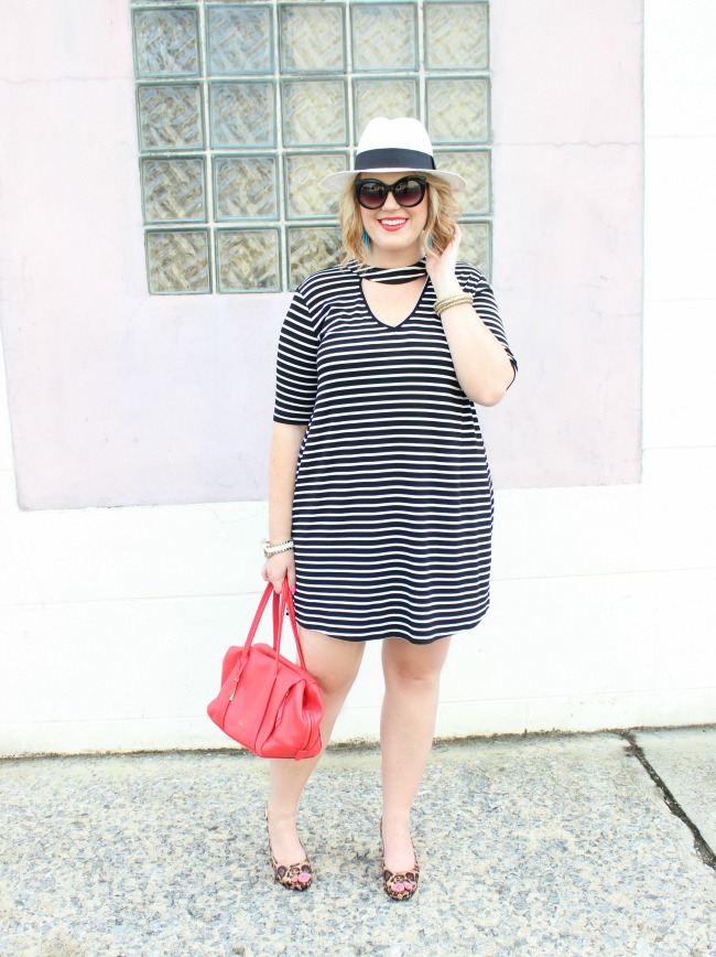 black and white striped dress leopard wedges Vera Bradley leather bag