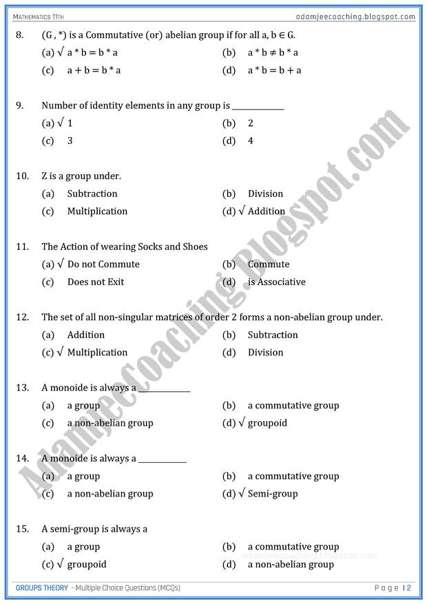Adamjee Coaching: Groups Theory - MCQs - Mathematics 11th