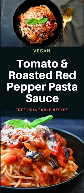 A rich spaghetti sauce, sweet with the flavour of tomatoes, with some warmth from a little spice and the smoky flavour of roast red peppers and red onions. Suitable for vegans. Free printable recipe and step-by-step instructions. #pasta #veganpasta #spaghettisauce #vegan #tomatosauce #redpeppersauce #spaghetti