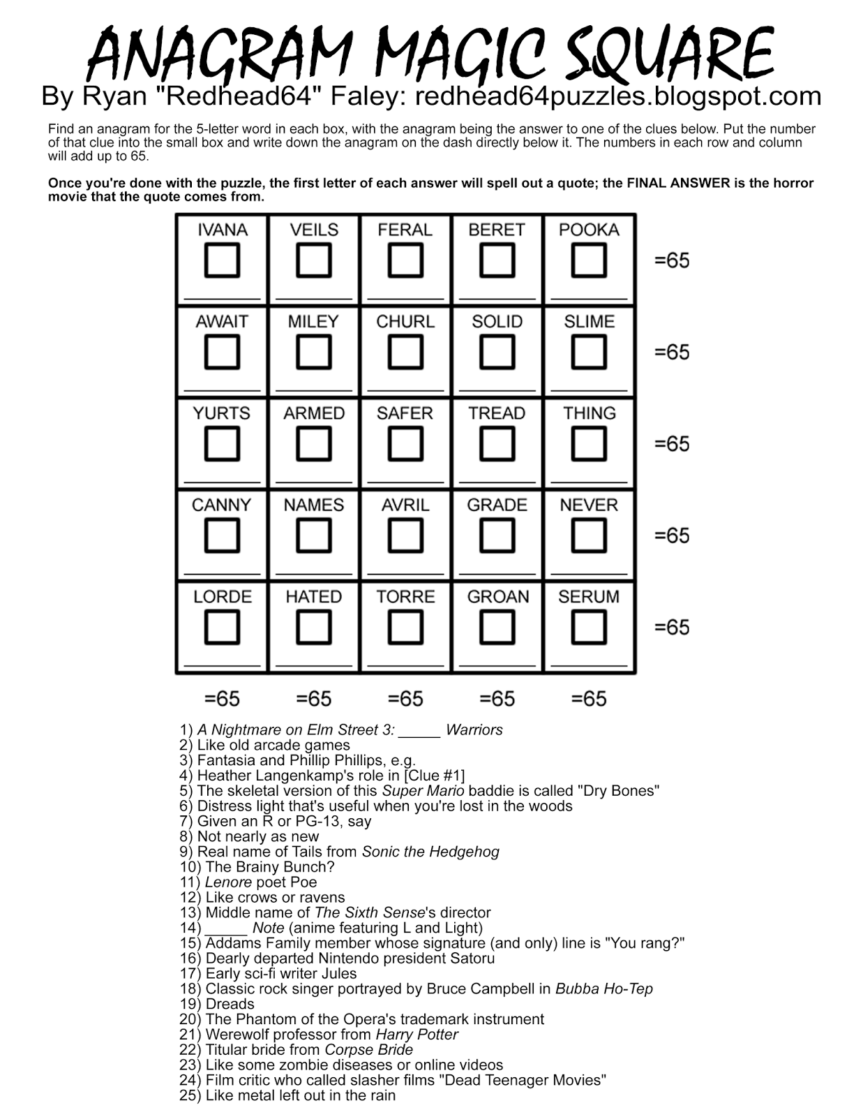 Free Printable Anagram Magic Square Puzzles