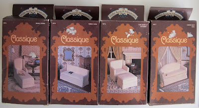 Four modern dolls' house miniature upholstery kits: two armchairs and two sofas.