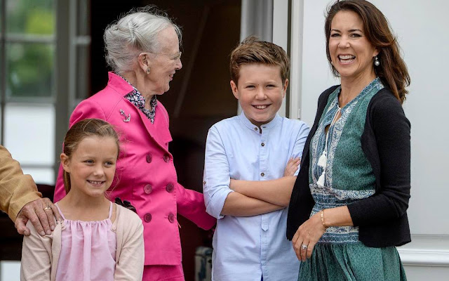 Crown Princess Mary, Crown Prince Frederik, Princess Josephine, Prince Christian, Princess Isabella, Prince Vincent. Crown Princess Mary wore SEA Sabine Dress