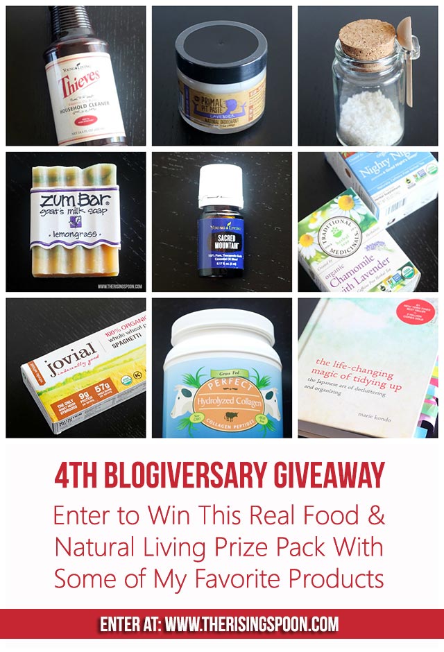 Wow, I can't believe my blog is already 4 years old already! To celebrate, I'm giving away a real food & natural living prize pack with some of my favorite products to one lucky reader. The sweepstakes end October 11th, so hop on over to enter!