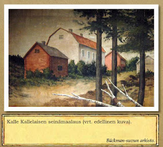 Kuvassa Kalle Kallelaisen maalaama taulu, jossa tien vasemmassa reunassa on taloja. Oikealla puolella on harvaa metsää.