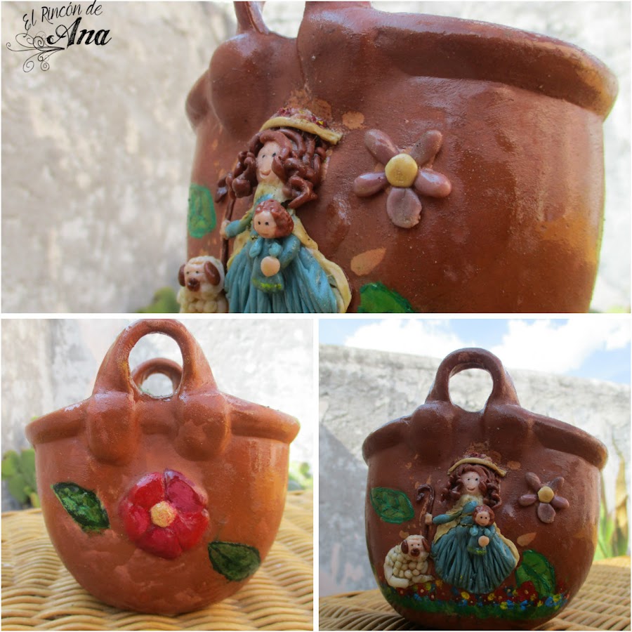 Divina pastora hecha con porcelana fría aplicada sobre una maceta