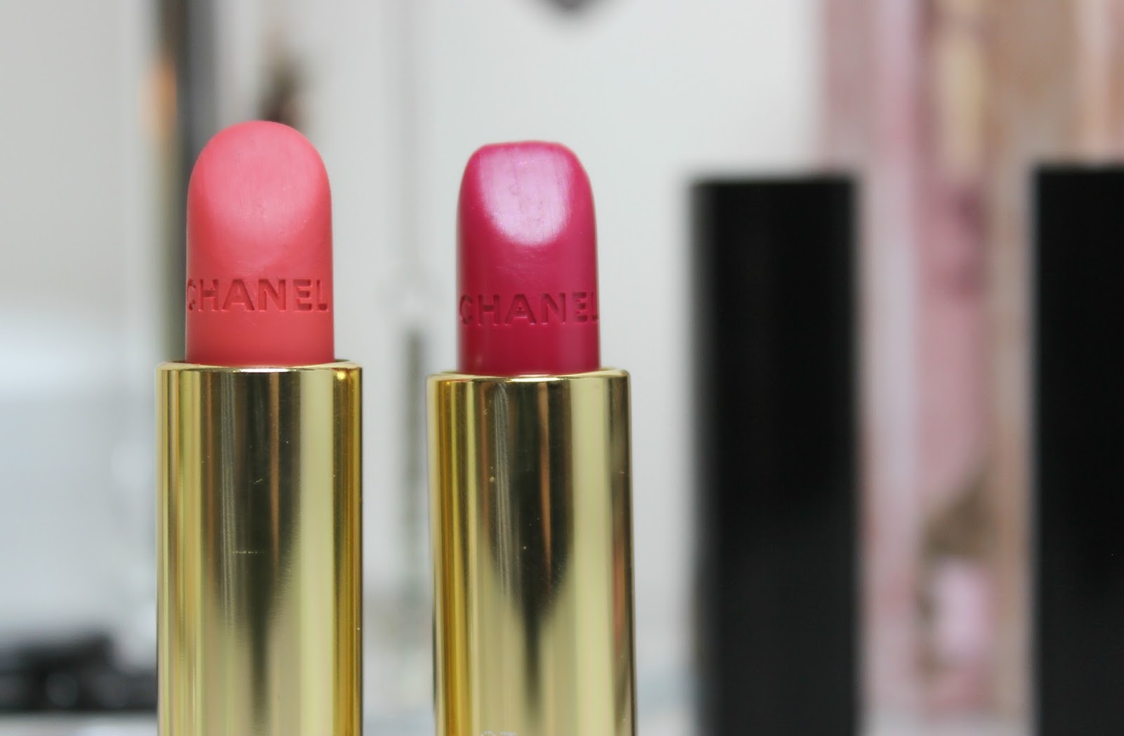 A picture of Chanel Rouge Allure Velvet Luminous Matte Lip Colour in 43 La Favorite and Chanel Rouge Allure Luminous Satin Lip Colour in 93 Exaltee